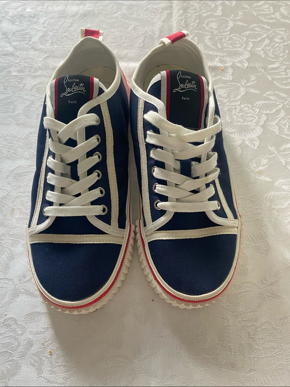 Christian Louboutin Men's Navy Canvas Sneakers with White Trim and Red Accent